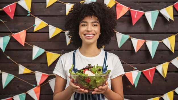 Photo a woman holding a bowl of salad and smiling