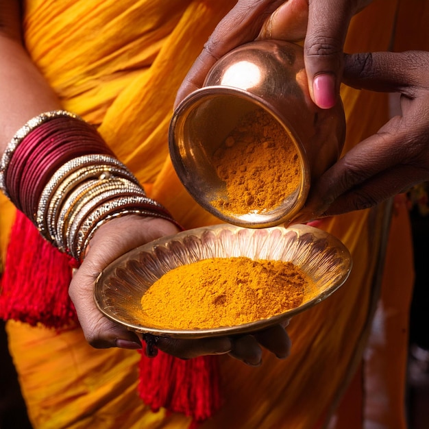 Photo a woman holding a bowl of spices with a spoon in her hand