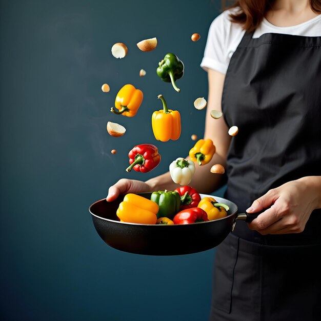 a woman holding a bowl of vegetables with the word  peppers  on it