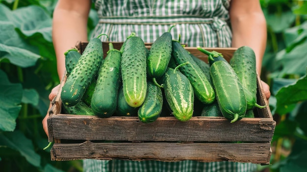 Photo woman holding a box full of freshly harvested cucumbers for healthy meal preparation