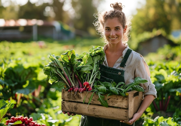 a woman holding a box of radishes in a field