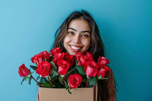 Woman Holding a Box of Roses and Showing it to the Camera