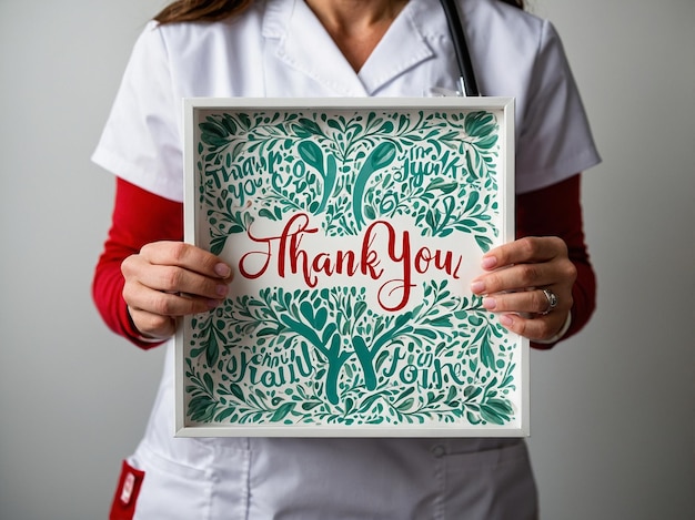 a woman holding a brochure that says thank you