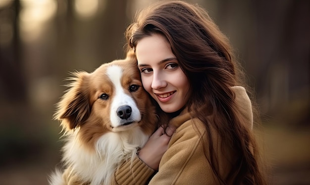 A woman holding a brown and white dog in her arms