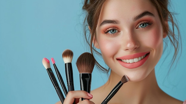 a woman holding a brush with a pink lip gloss