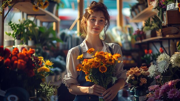 Photo a woman holding a bunch of flowers in a store