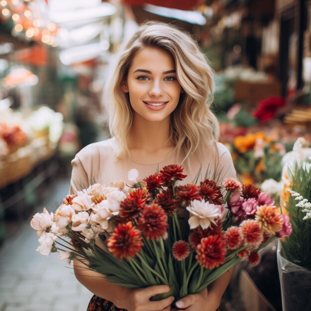 a woman holding a bunch of flowers in a store