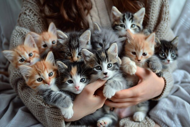 Photo a woman holding a bunch of kittens in her hands