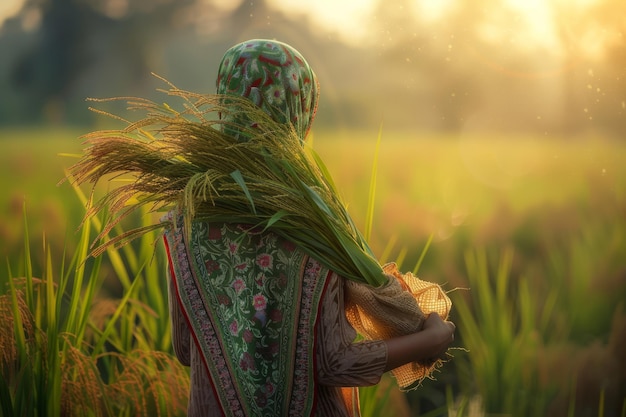 Woman Holding Bundle of paddy Grass in Field