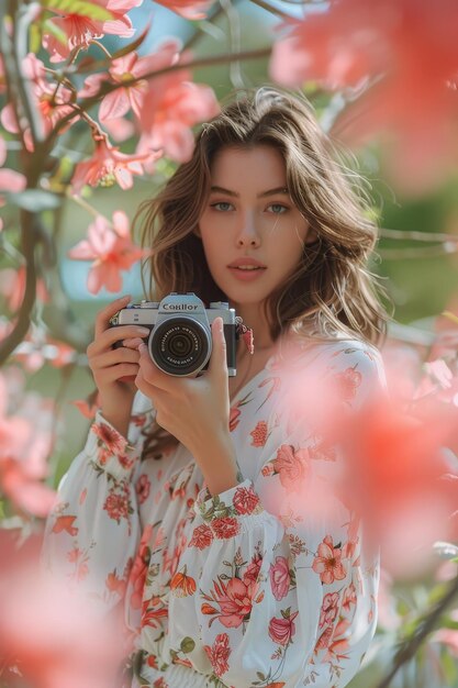 Woman Holding a Camera in a Garden of Pink Flowers