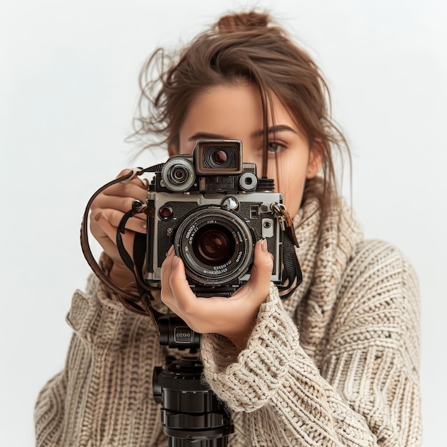 a woman holding a camera that has the camera in her hand