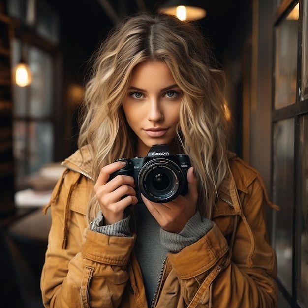 Photo a woman holding a camera with a brown jacket on