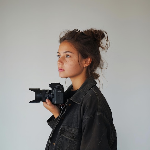 Photo a woman holding a camera with a camera in her hand