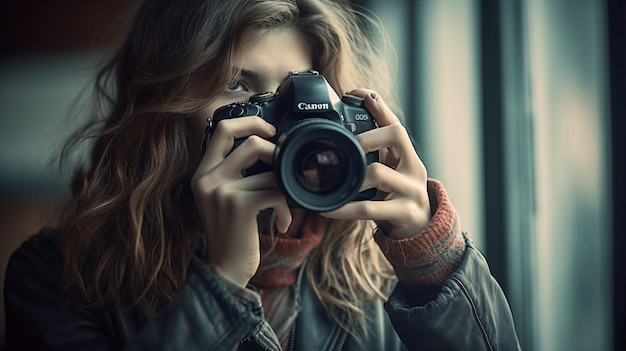 A woman holding a camera with the word canon on the front