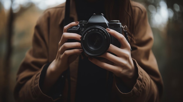 A woman holding a camera with the word canon on the front