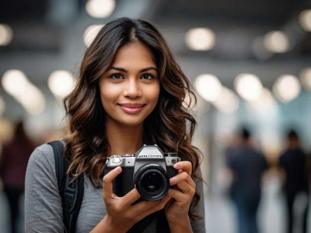 a woman holding a camera with the word canon on it