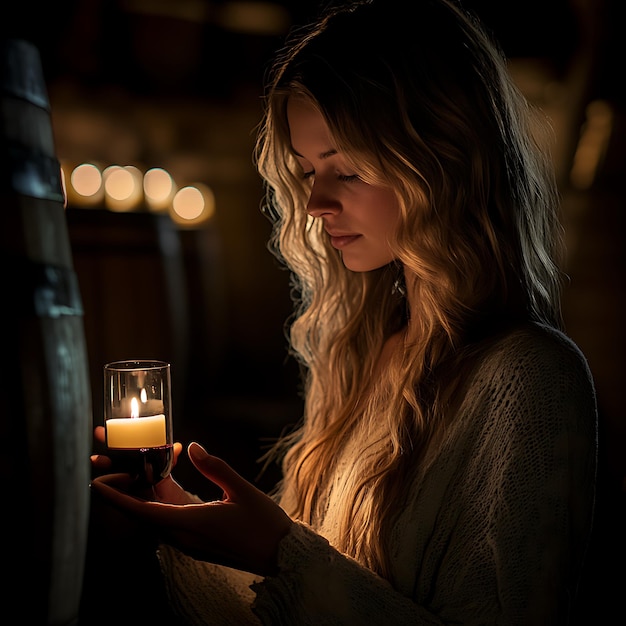 Photo woman holding a candle in a dark room