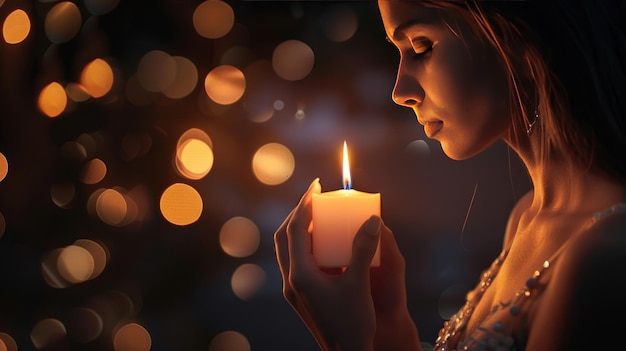 Woman Holding a Candle in Front of a Blurry Background of Lights