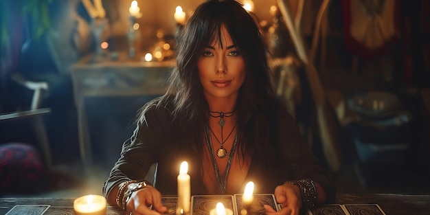 A woman holding candles in front of a table