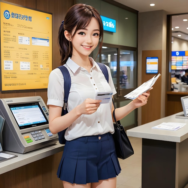 a woman holding a card in front of a cash register