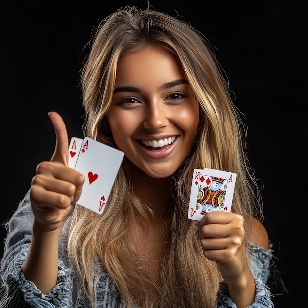 a woman holding a card that says  im a giant ace