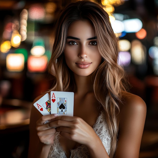 a woman holding a card that says  playing cards