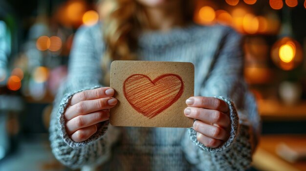 Photo woman holding card with heart drawing