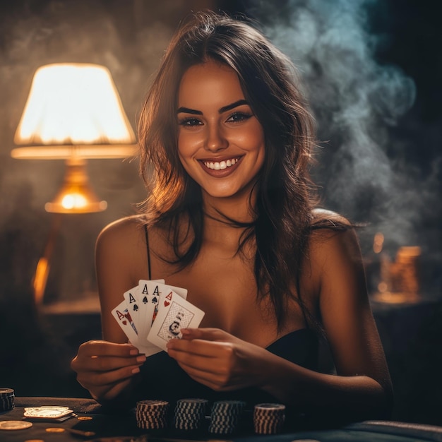 Photo a woman holding cards and playing cards with a lamp behind her