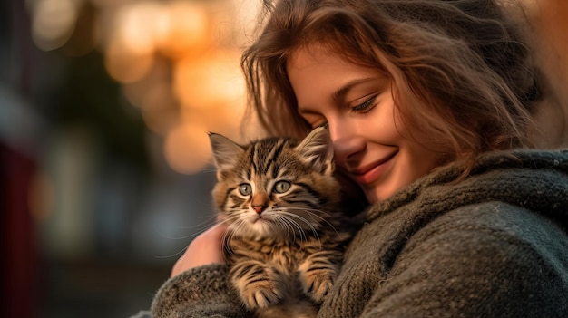 A woman holding a cat in her arms