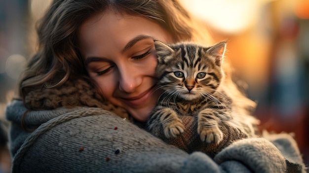 A woman holding a cat on her shoulder