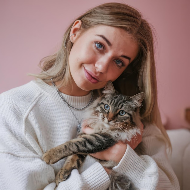 A woman holding a cat and a pink jacket