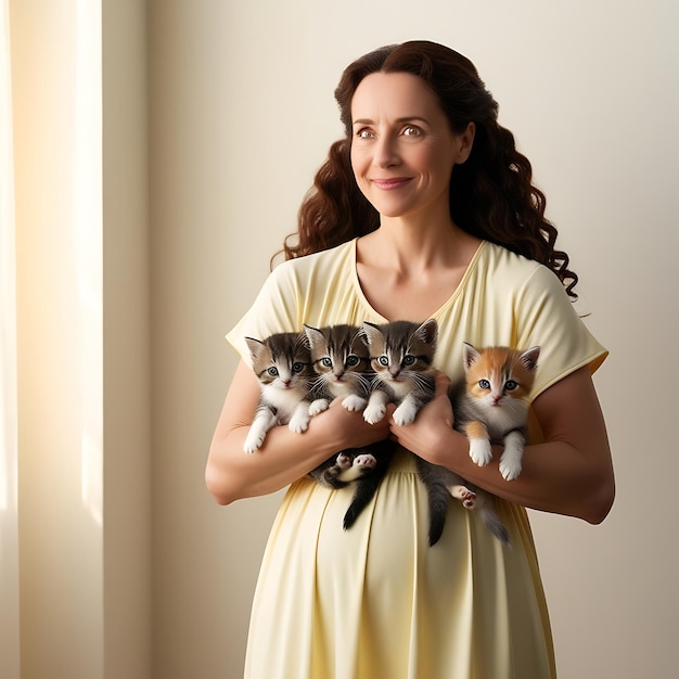 Photo a woman holding a cat that has a tag that says  cats  on it