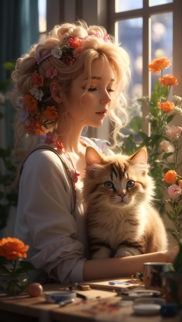 a woman holding a cat and a window with the sun shining behind her