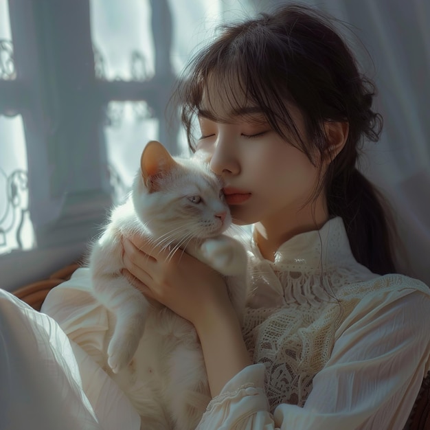 a woman holding a cat with her eyes closed