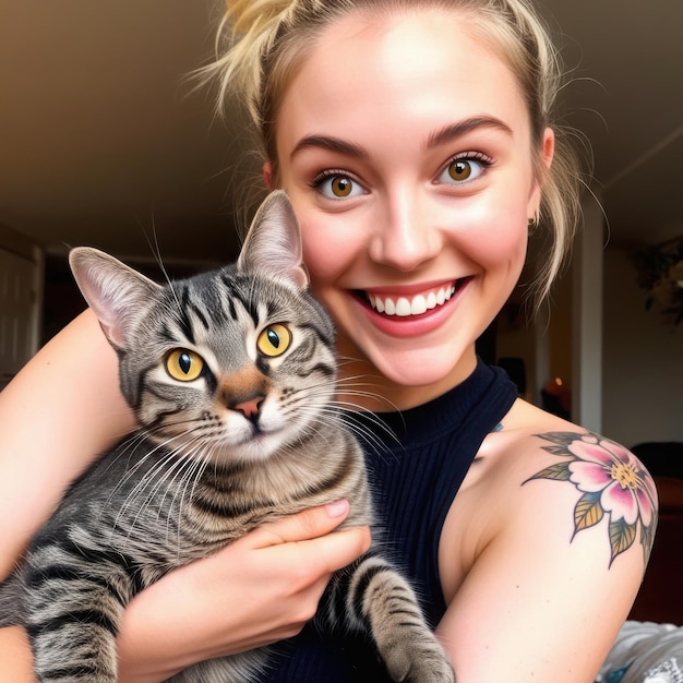 A woman holding a cat with a tattoo on her arm