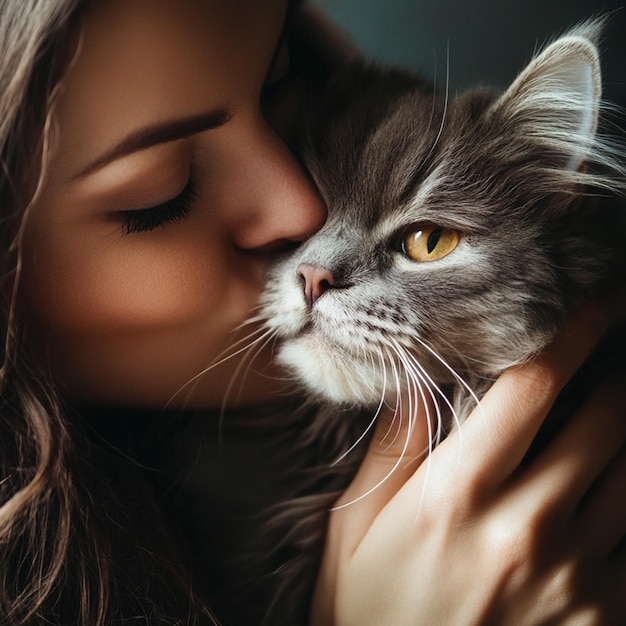 Photo a woman holding a cat with the words  cat  on it