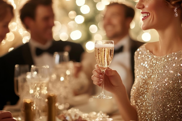 Photo woman holding champagne glass at elegant celebration