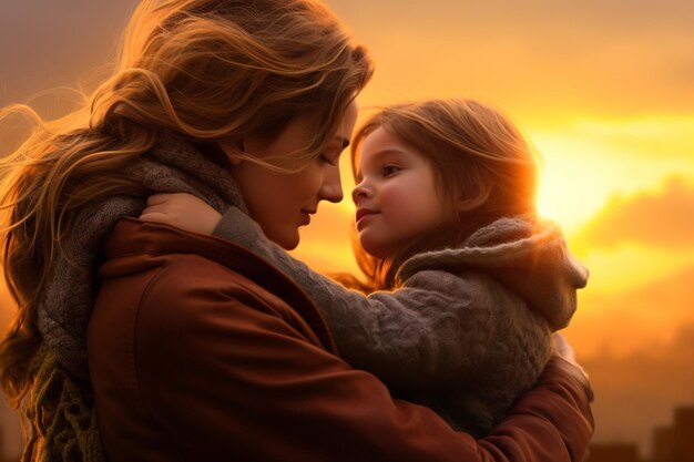 A woman holding a child against a sunset