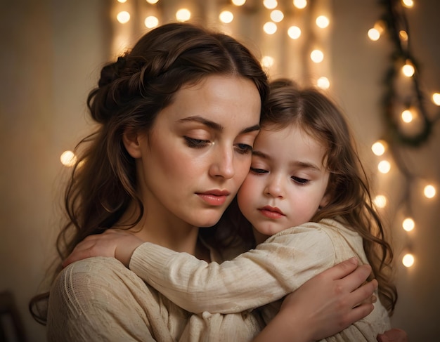 a woman holding a child with a christmas lights behind her