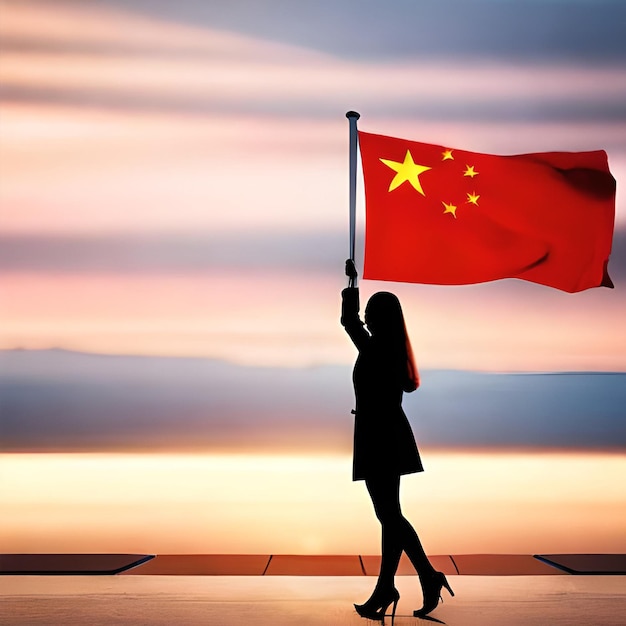 A woman holding a chinese flag in front of a sunset.