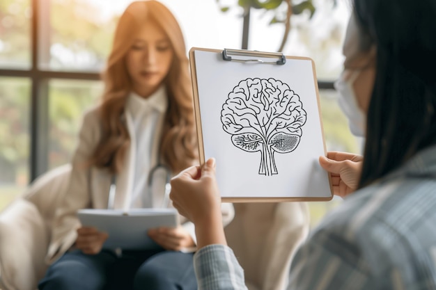 Photo woman holding a clipboard with a brain drawing on it