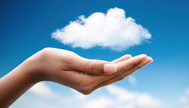 Photo woman holding cloud in hands symbolic concept of natural care on a blue sky background