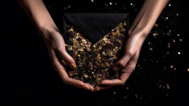 A woman holding a clutch bag with gold glitter on it.