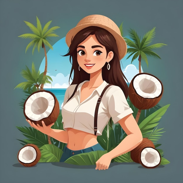 a woman holding coconuts with coconuts in her hands