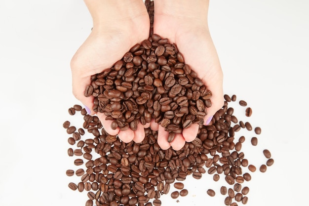 Woman holding coffee beans on white background