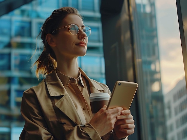 a woman holding a coffee cup and a phone in her hand