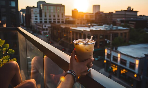 a woman holding a coffee cup with the sun setting behind her