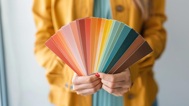 Photo woman holding a colorful palette of paint swatches vibrant and diverse hues displayed in her hands perfect for design creativity and color inspiration professional stock photo with a modern style ai