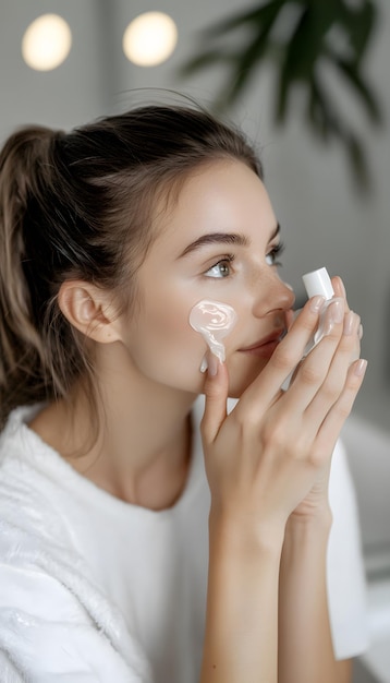 Photo woman holding cream skincare in the bathroom a skin care and beauty concept