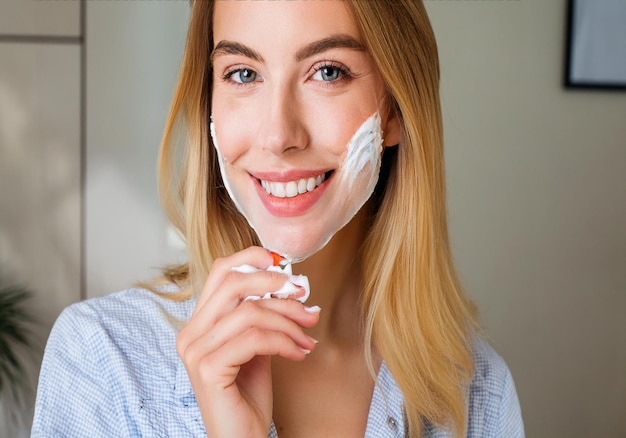 a woman holding a cream over a toothbrush with a white cream on her face